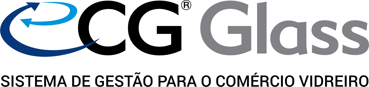 Logo da ECG que diz ECG Glass com fontes sem serifa, com arcos azuis no início